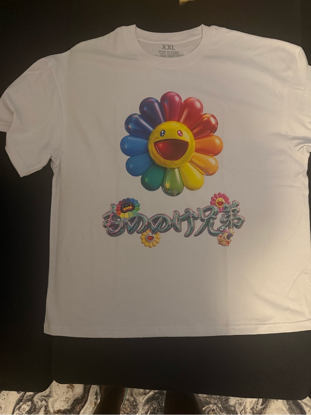 White Short-Sleeve Graphic Tee with Rainbow Smiling Flower